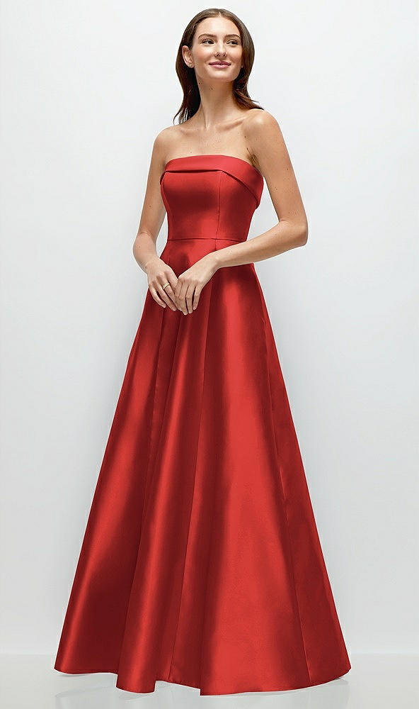 Front View - Poppy Red Strapless Bias Cuff Bodice Satin Gown with Pockets