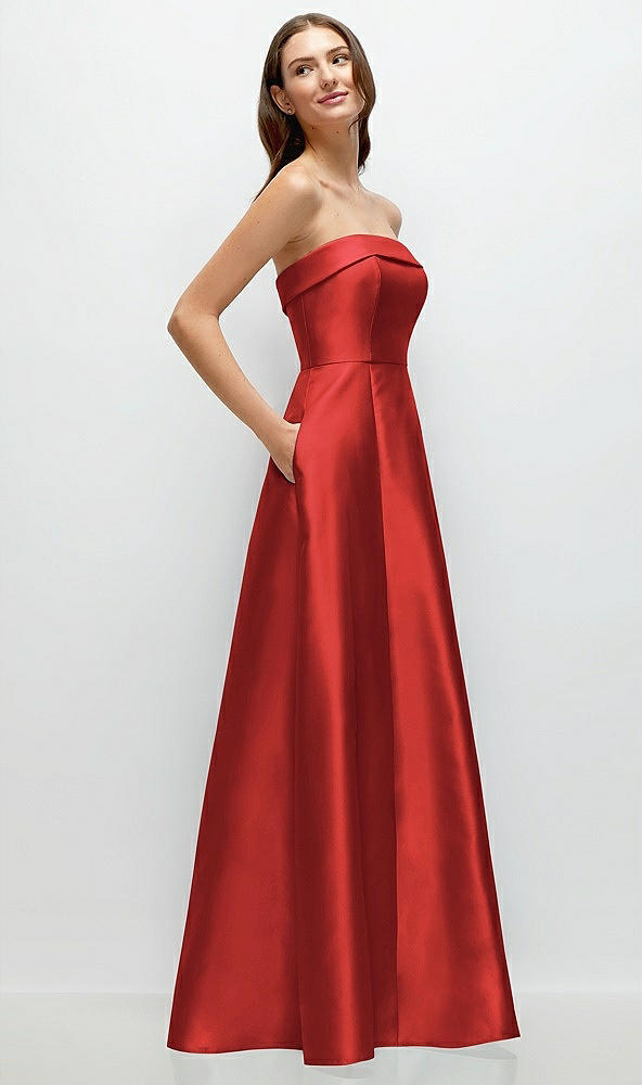 Back View - Poppy Red Strapless Bias Cuff Bodice Satin Gown with Pockets