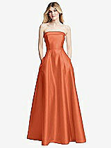 Alt View 3 Thumbnail - Portofino Orange Strapless Bias Cuff Bodice Satin Gown with Pockets