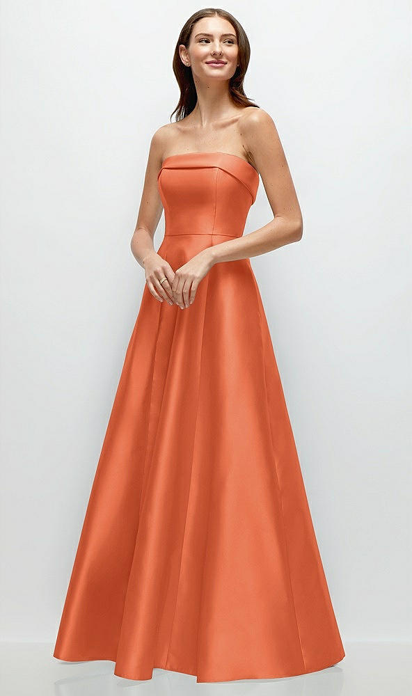 Front View - Portofino Orange Strapless Bias Cuff Bodice Satin Gown with Pockets