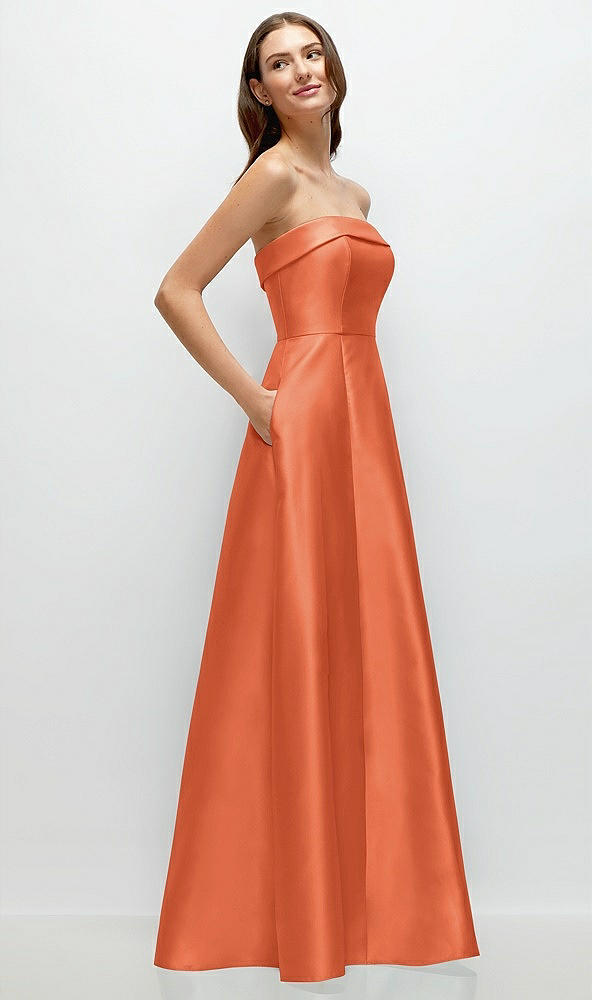 Back View - Portofino Orange Strapless Bias Cuff Bodice Satin Gown with Pockets