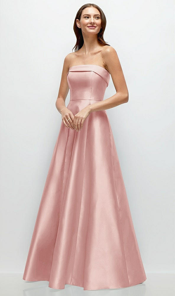 Front View - Rose Strapless Bias Cuff Bodice Satin Gown with Pockets