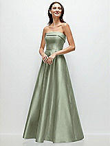 Front View Thumbnail - Sage Strapless Bias Cuff Bodice Satin Gown with Pockets