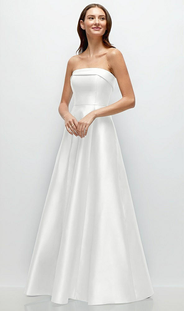 Front View - White Strapless Bias Cuff Bodice Satin Gown with Pockets