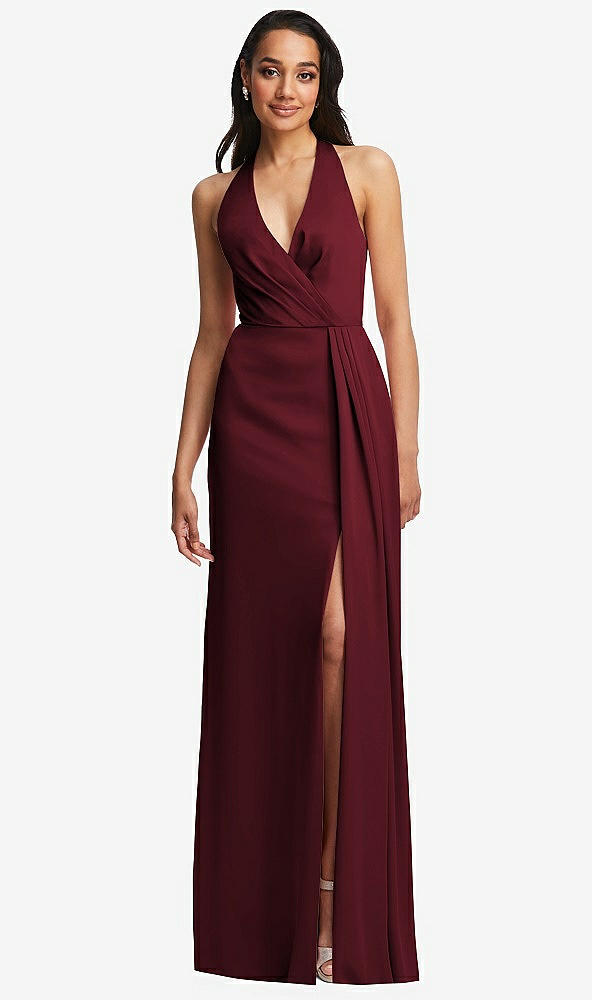 Front View - Cabernet Pleated V-Neck Closed Back Trumpet Gown with Draped Front Slit
