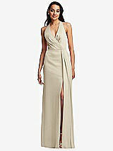 Front View Thumbnail - Champagne Pleated V-Neck Closed Back Trumpet Gown with Draped Front Slit