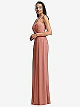 Side View Thumbnail - Desert Rose Pleated V-Neck Closed Back Trumpet Gown with Draped Front Slit