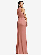 Rear View Thumbnail - Desert Rose Pleated V-Neck Closed Back Trumpet Gown with Draped Front Slit