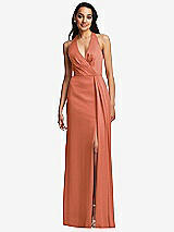Front View Thumbnail - Terracotta Copper Pleated V-Neck Closed Back Trumpet Gown with Draped Front Slit