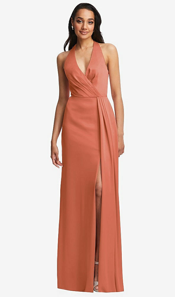 Front View - Terracotta Copper Pleated V-Neck Closed Back Trumpet Gown with Draped Front Slit