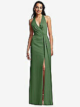 Front View Thumbnail - Vineyard Green Pleated V-Neck Closed Back Trumpet Gown with Draped Front Slit