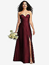 Front View Thumbnail - Cabernet Strapless Bustier A-Line Satin Gown with Front Slit