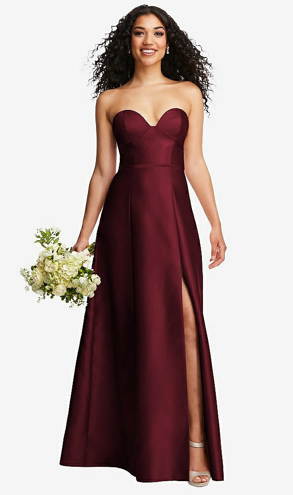 Front View - Cabernet Strapless Bustier A-Line Satin Gown with Front Slit