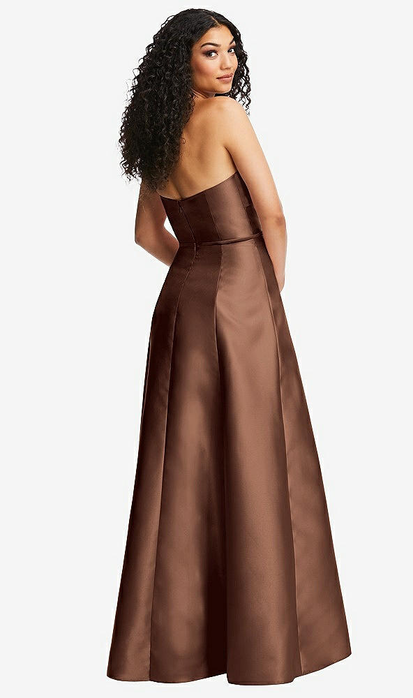 Back View - Cognac Strapless Bustier A-Line Satin Gown with Front Slit