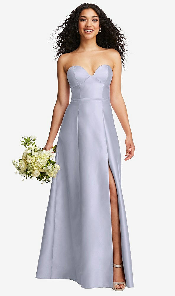 Front View - Silver Dove Strapless Bustier A-Line Satin Gown with Front Slit