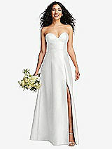 Front View Thumbnail - White Strapless Bustier A-Line Satin Gown with Front Slit