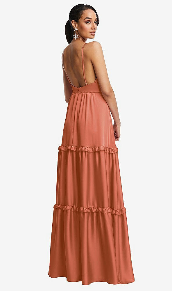 Back View - Terracotta Copper Low-Back Triangle Maxi Dress with Ruffle-Trimmed Tiered Skirt