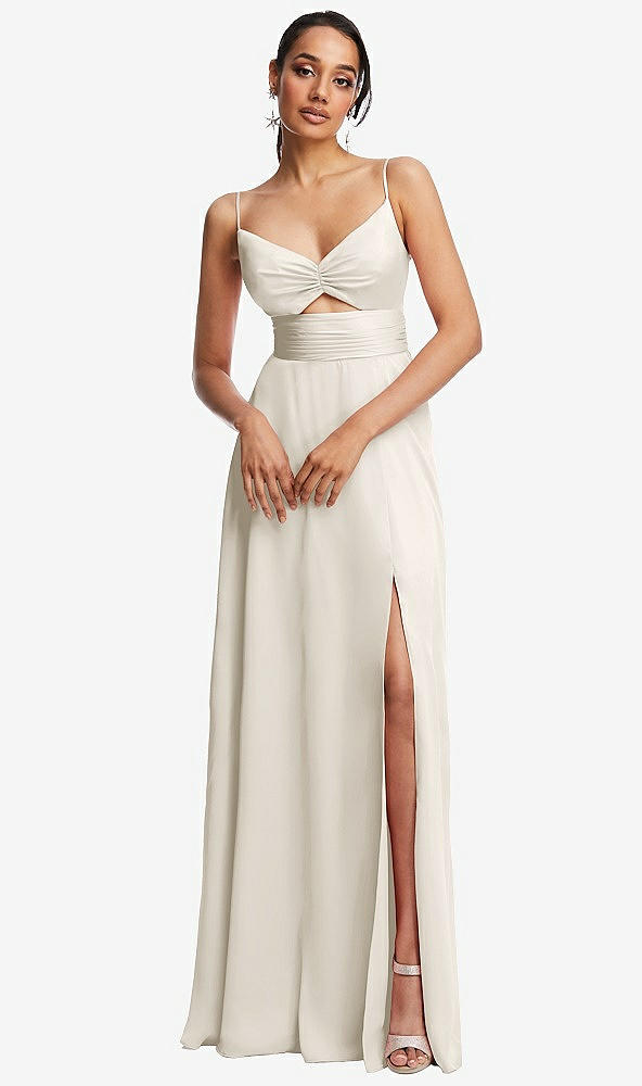 Front View - Ivory Triangle Cutout Bodice Maxi Dress with Adjustable Straps