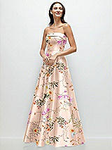 Front View Thumbnail - Butterfly Botanica Pink Sand Strapless Bias Cuff Bodice Floral Satin Gown with Pockets