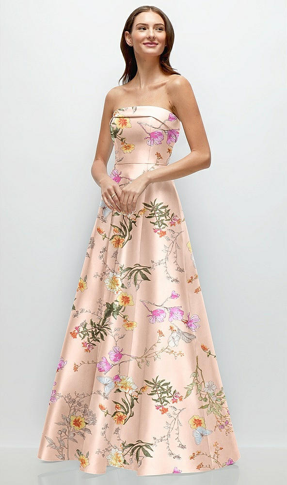 Front View - Butterfly Botanica Pink Sand Strapless Bias Cuff Bodice Floral Satin Gown with Pockets