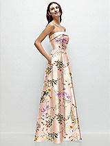 Side View Thumbnail - Butterfly Botanica Pink Sand Strapless Bias Cuff Bodice Floral Satin Gown with Pockets