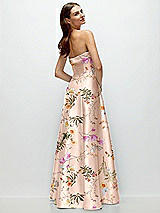 Rear View Thumbnail - Butterfly Botanica Pink Sand Strapless Bias Cuff Bodice Floral Satin Gown with Pockets