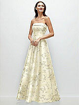 Front View Thumbnail - Butter Yellow Floral Strapless Bias Cuff Bodice Floral Satin Gown with Pockets
