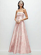 Front View Thumbnail - Bow And Blossom Print Strapless Bias Cuff Bodice Floral Satin Gown with Pockets