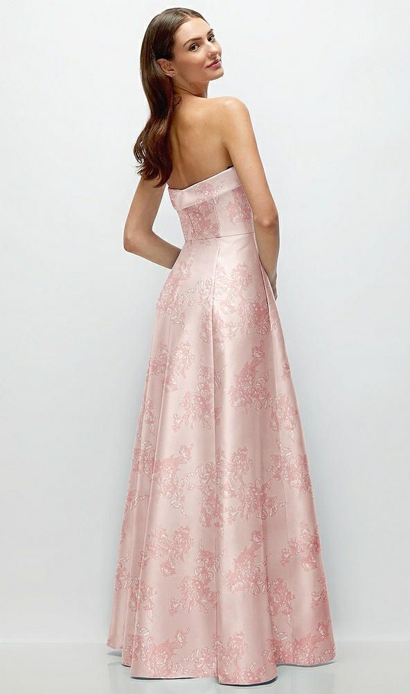 Back View - Bow And Blossom Print Strapless Bias Cuff Bodice Floral Satin Gown with Pockets
