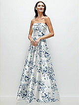 Front View Thumbnail - Cottage Rose Larkspur Strapless Bias Cuff Bodice Floral Satin Gown with Pockets