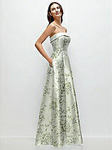 Side View Thumbnail - Sage Cottage Rose Strapless Bias Cuff Bodice Floral Satin Gown with Pockets