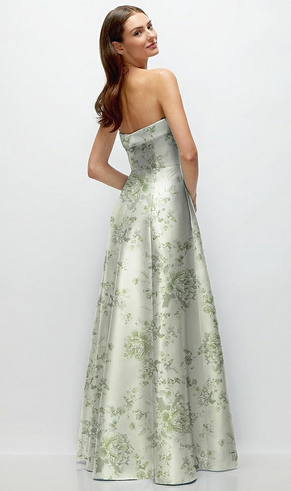 Back View - Sage Cottage Rose Strapless Bias Cuff Bodice Floral Satin Gown with Pockets