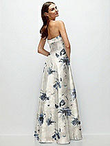 Rear View Thumbnail - Inkwash Blue Floral Strapless Bias Cuff Bodice Floral Satin Gown with Pockets