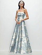 Front View Thumbnail - Porcelain Blue Seraphina Floral Strapless Bias Cuff Bodice Floral Satin Gown with Pockets
