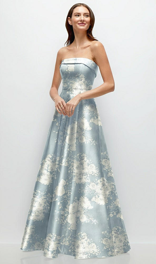 Front View - Porcelain Blue Seraphina Floral Strapless Bias Cuff Bodice Floral Satin Gown with Pockets