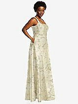 Alt View 2 Thumbnail - Butter Yellow Floral Boned Corset Closed-Back Floral Satin Gown with Full Skirt