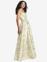 Side View Thumbnail - Butter Yellow Floral Boned Corset Closed-Back Floral Satin Gown with Full Skirt