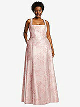 Alt View 1 Thumbnail - Bow And Blossom Print Boned Corset Closed-Back Floral Satin Gown with Full Skirt