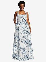 Alt View 1 Thumbnail - Cottage Rose Larkspur Boned Corset Closed-Back Floral Satin Gown with Full Skirt