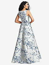 Rear View Thumbnail - Cottage Rose Larkspur Boned Corset Closed-Back Floral Satin Gown with Full Skirt