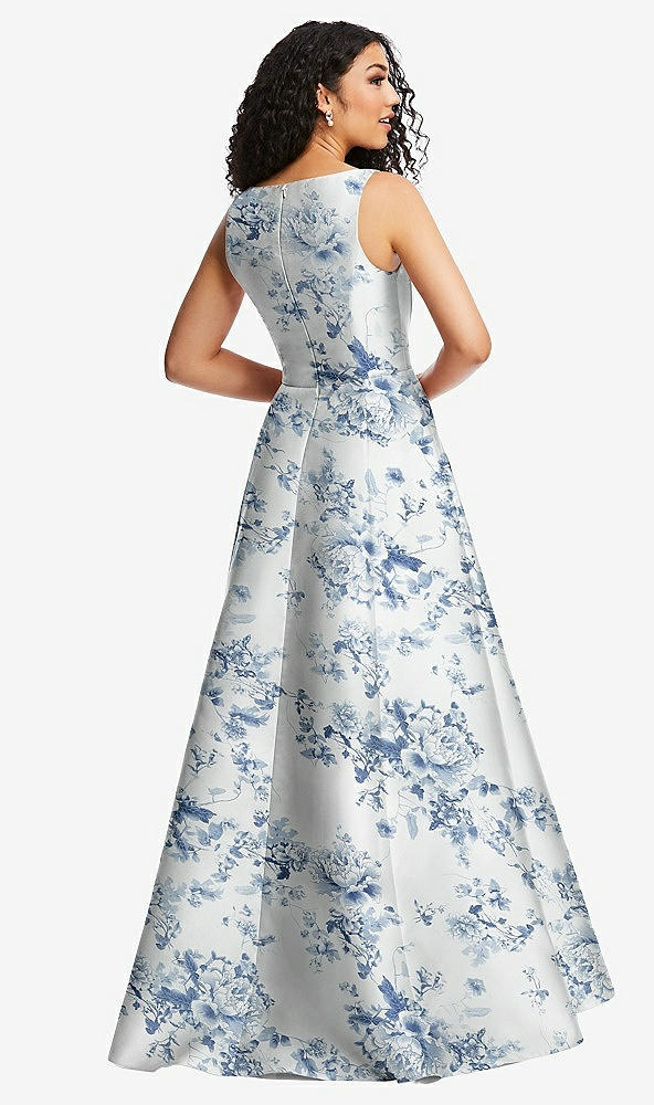 Back View - Cottage Rose Larkspur Boned Corset Closed-Back Floral Satin Gown with Full Skirt