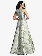 Rear View Thumbnail - Sage Cottage Rose Boned Corset Closed-Back Floral Satin Gown with Full Skirt