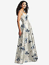 Side View Thumbnail - Inkwash Blue Floral Boned Corset Closed-Back Floral Satin Gown with Full Skirt