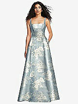 Front View Thumbnail - Porcelain Blue Seraphina Floral Boned Corset Closed-Back Floral Satin Gown with Full Skirt