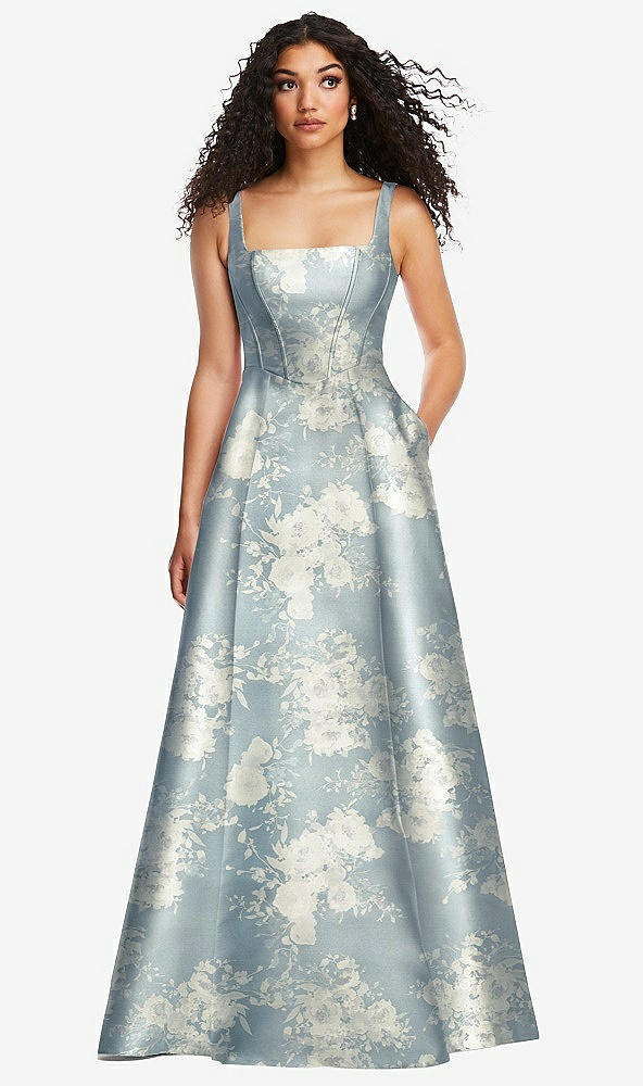 Front View - Porcelain Blue Seraphina Floral Boned Corset Closed-Back Floral Satin Gown with Full Skirt