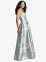 Side View Thumbnail - Porcelain Blue Seraphina Floral Boned Corset Closed-Back Floral Satin Gown with Full Skirt