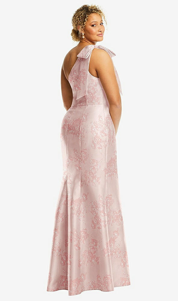 Back View - Bow And Blossom Print Bow One-Shoulder Floral Satin Trumpet Gown
