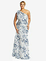 Front View Thumbnail - Cottage Rose Larkspur Bow One-Shoulder Floral Satin Trumpet Gown