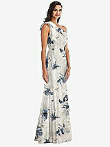 Alt View 2 Thumbnail - Inkwash Blue Floral Bow One-Shoulder Floral Satin Trumpet Gown