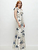Alt View 5 Thumbnail - Inkwash Blue Floral Bow One-Shoulder Floral Satin Trumpet Gown